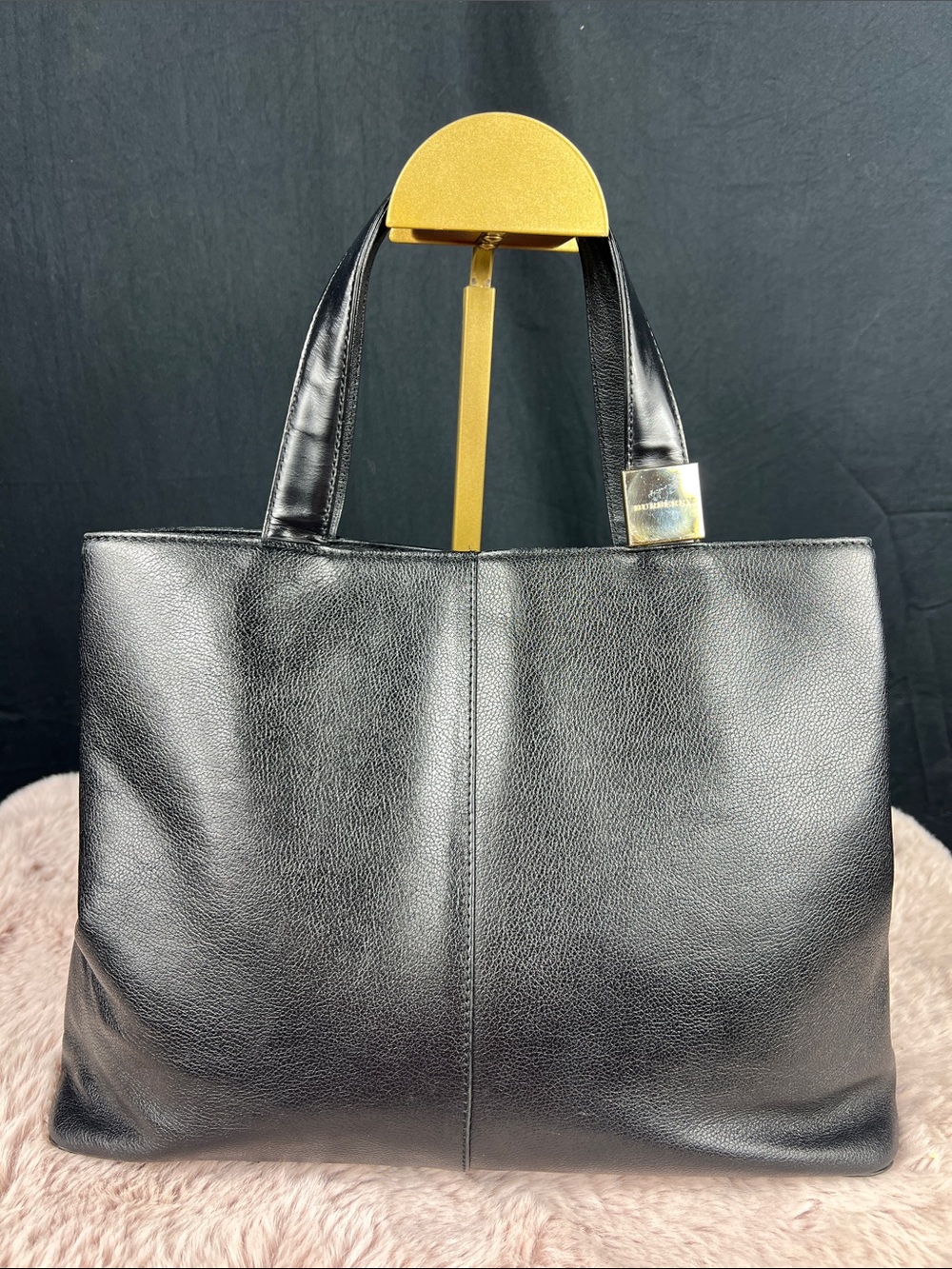 Burberry Vintage Black Leather Tote Classic Check Lining COA EUC
